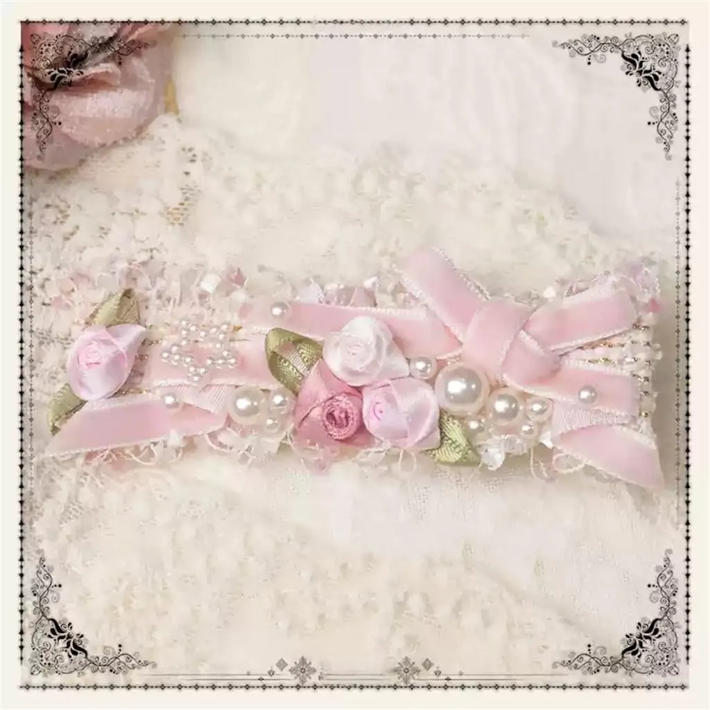 Handmade Lolita Rococo Bowknot Retro Velvet Side Hair Clip Headwear Accessory 1 Pair for Women (Pink)
