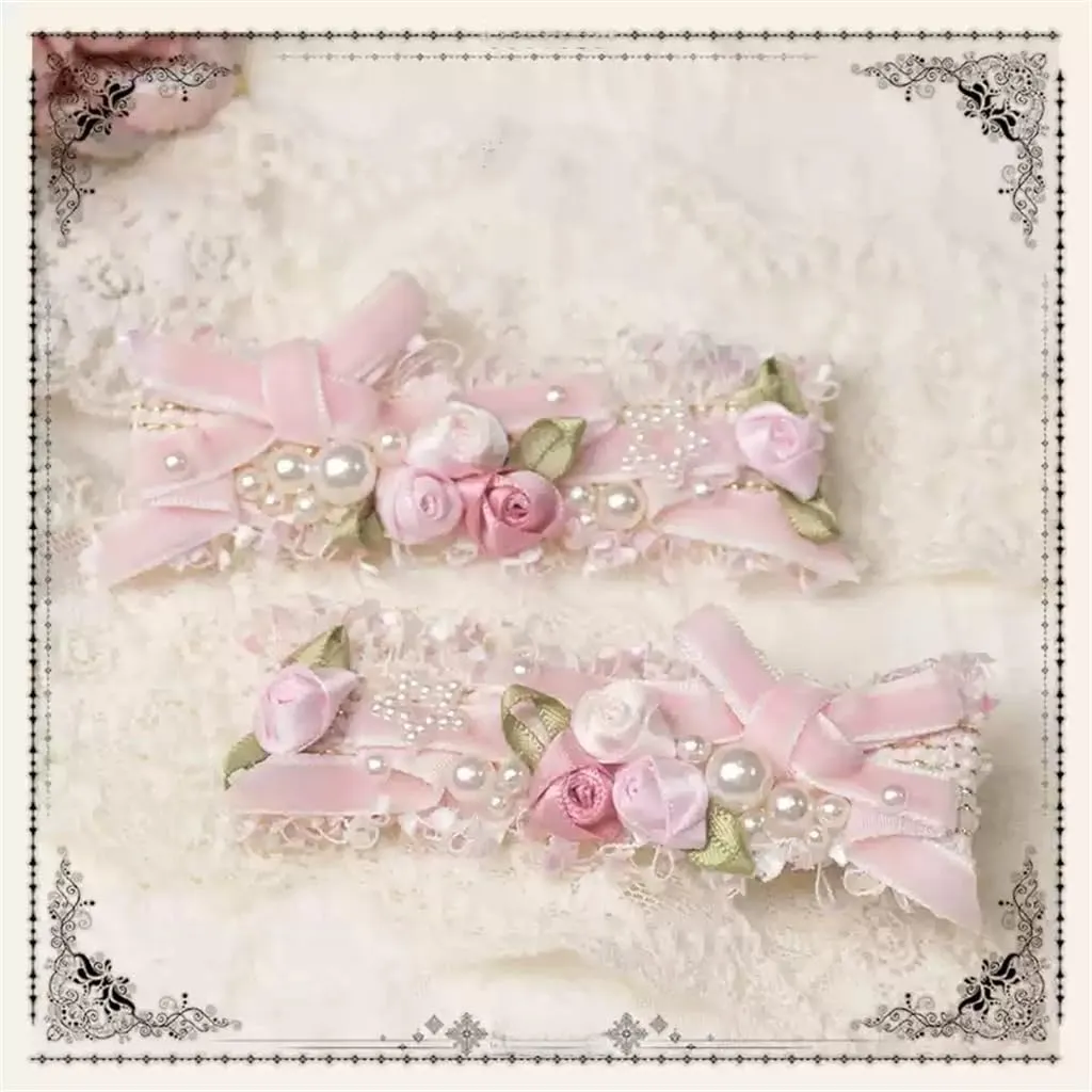 Handmade Lolita Rococo Bowknot Retro Velvet Side Hair Clip Headwear Accessory 1 Pair for Women (Pink)