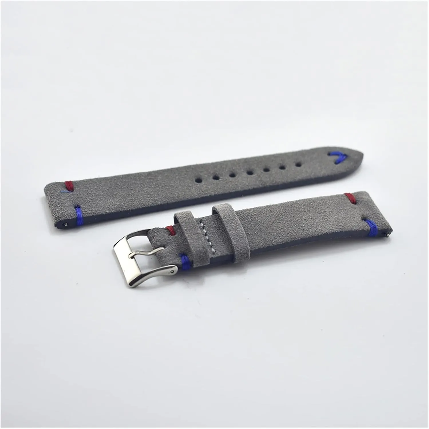 Handmade Suede Leather 18mm 20mm 22mm Watch Strap Stainless Steel Buckle Red Blue Line Watch Band