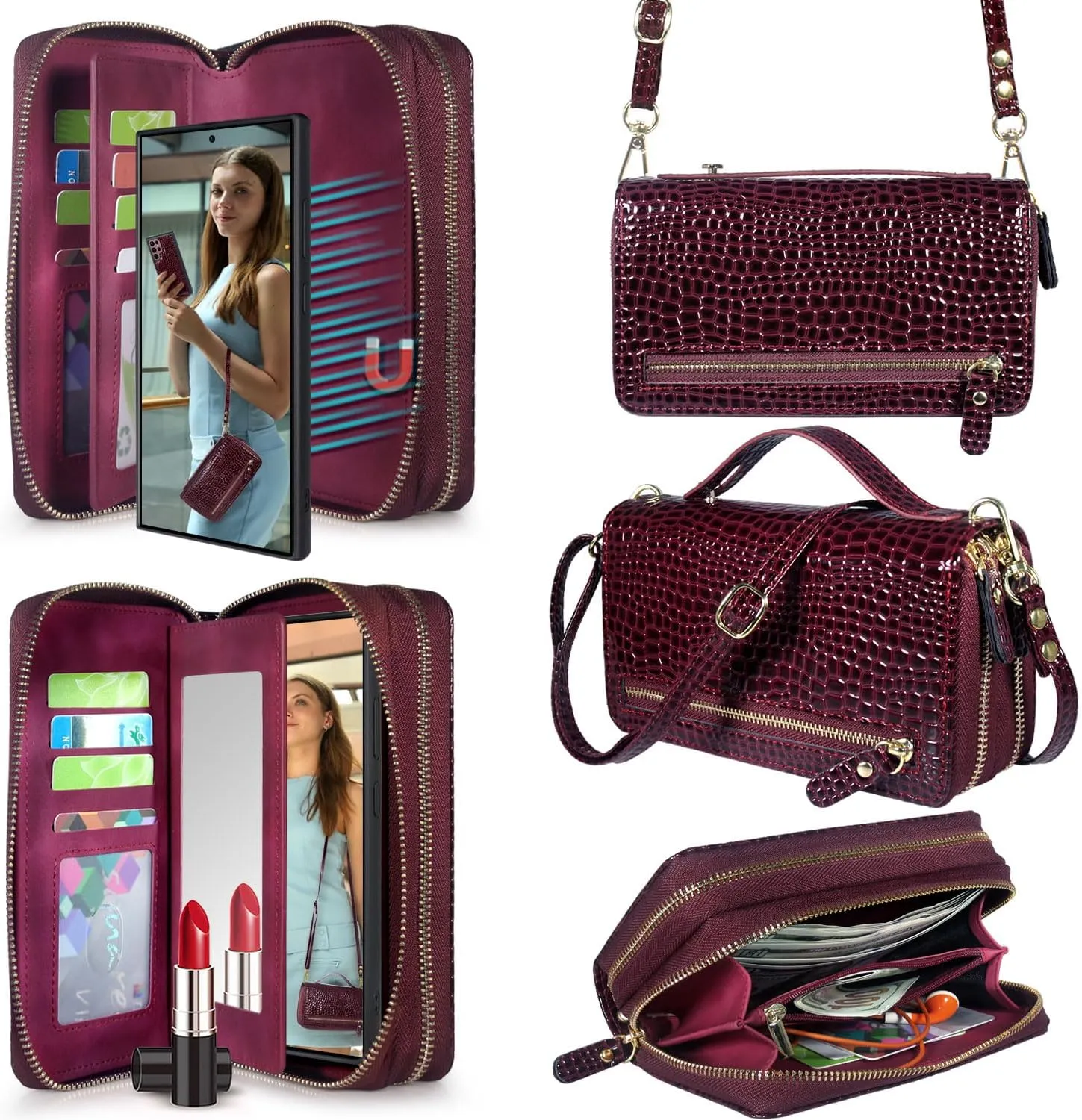 Harryshell Compatible with Samsung Galaxy S22 Ultra (2022) Case Wallet Multi Zipper Detachable Magnetic Cover Purse Bag with Card Slots Holder Mirror Crossbody Wrist Strap (Crocodile Wine Red)