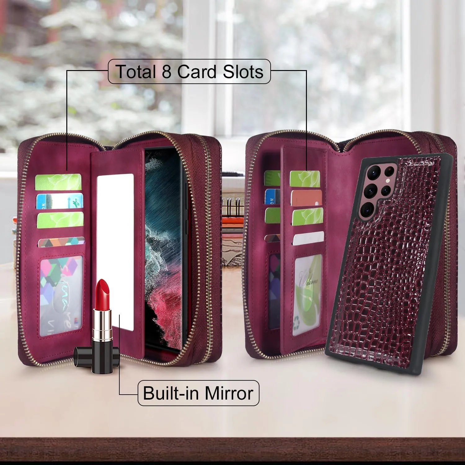 Harryshell Compatible with Samsung Galaxy S22 Ultra (2022) Case Wallet Multi Zipper Detachable Magnetic Cover Purse Bag with Card Slots Holder Mirror Crossbody Wrist Strap (Crocodile Wine Red)