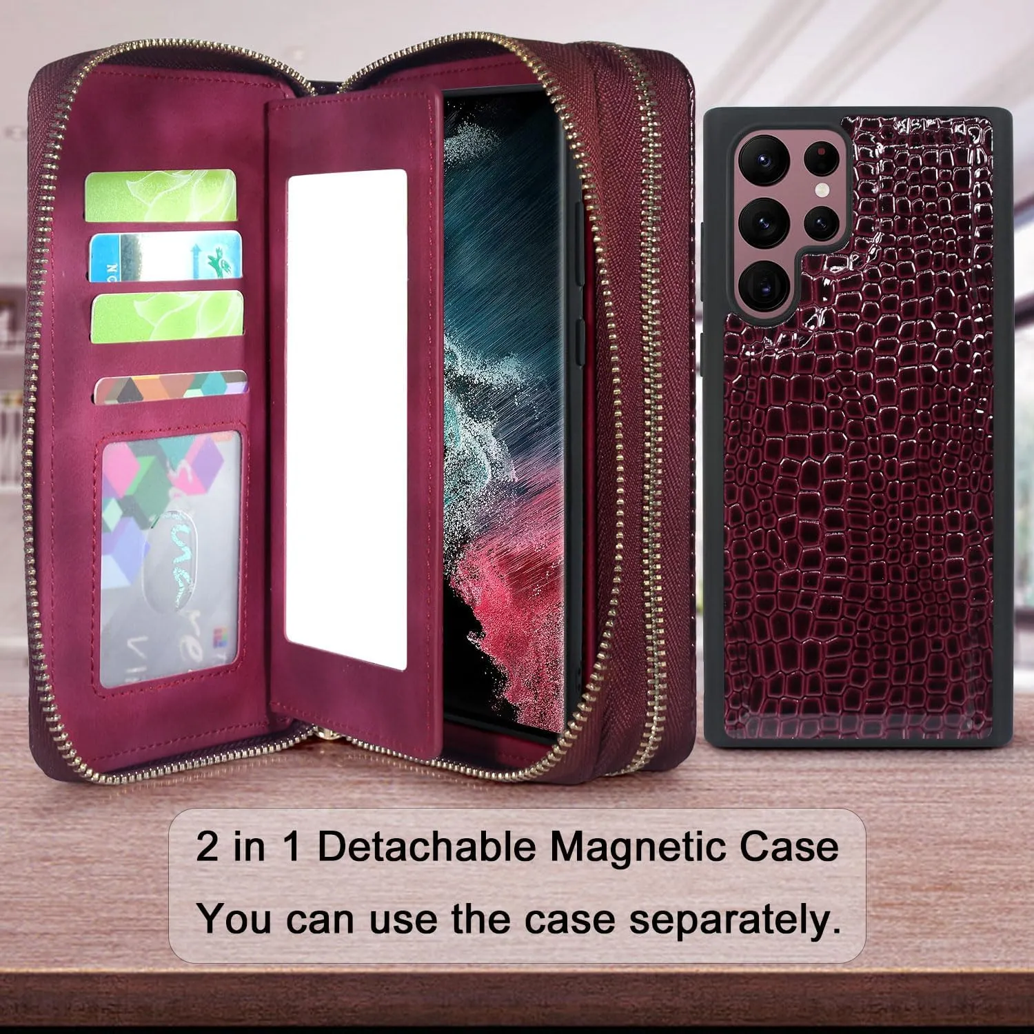Harryshell Compatible with Samsung Galaxy S22 Ultra (2022) Case Wallet Multi Zipper Detachable Magnetic Cover Purse Bag with Card Slots Holder Mirror Crossbody Wrist Strap (Crocodile Wine Red)