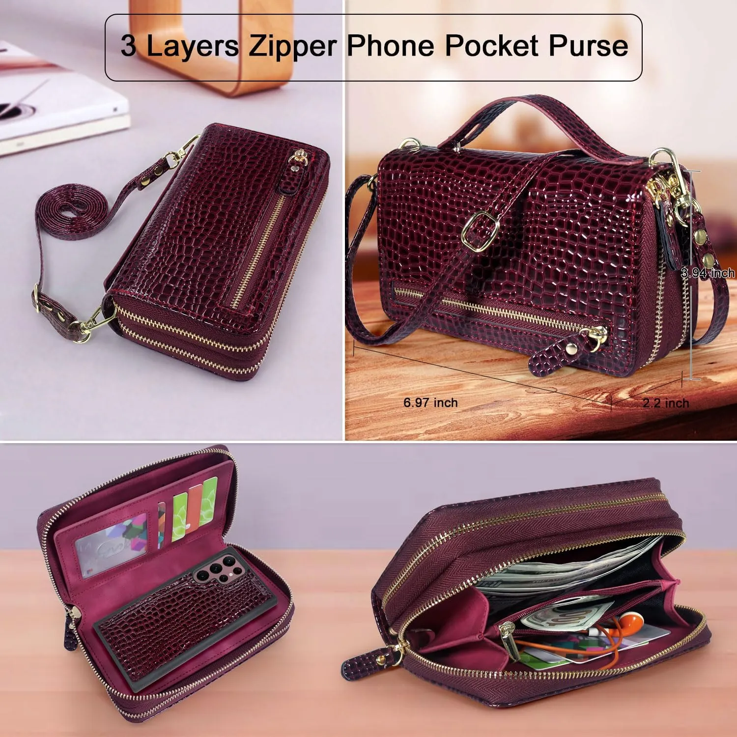 Harryshell Compatible with Samsung Galaxy S22 Ultra (2022) Case Wallet Multi Zipper Detachable Magnetic Cover Purse Bag with Card Slots Holder Mirror Crossbody Wrist Strap (Crocodile Wine Red)