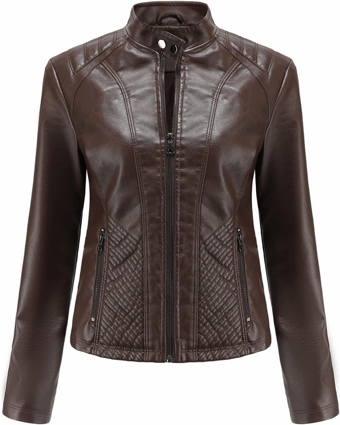 Hasta Faux Leather Jacket Crop Plus Size Women Slim Fit Motorcycle Bike Coat Stand Collar Zip Pocket Short Pleather Jacket