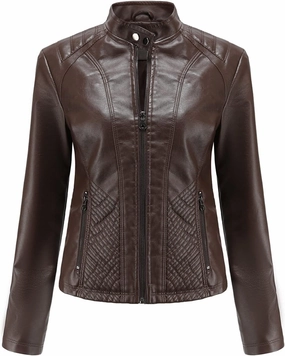 Hasta Faux Leather Jacket Crop Plus Size Women Slim Fit Motorcycle Bike Coat Stand Collar Zip Pocket Short Pleather Jacket