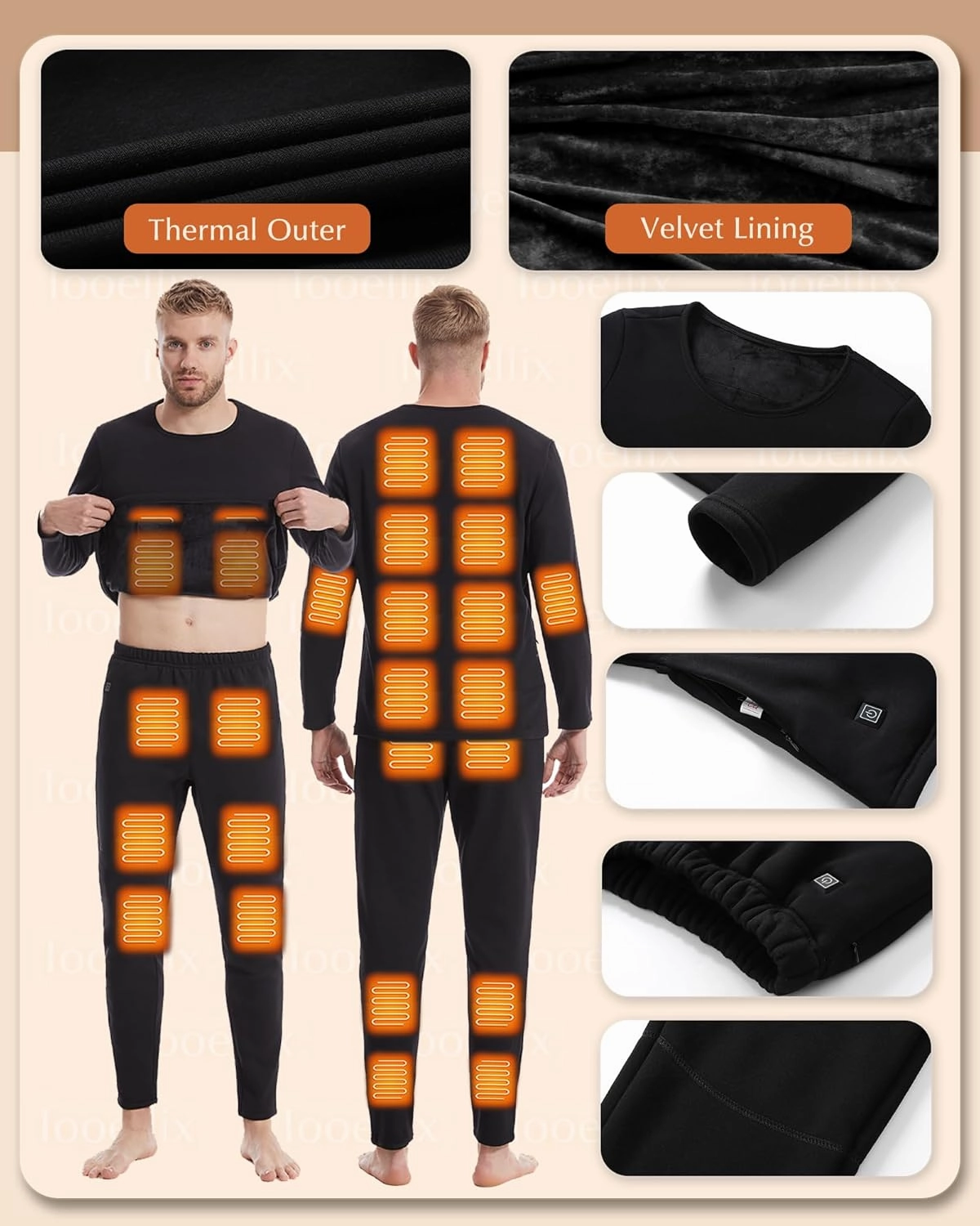 Heated Underwear Pants for Men, 3 Heating Level Electric Thermal Bottom with 12 Heating Zones for Hunting