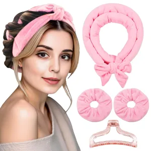 Heatless Velvet Hair Curlers for Long Hair – No Heat Overnight Curling Rod Headband to Sleep In for Heatless Curls with Scrunchies & Clip, Wake Up to Soft Beach Waves (Pink, Pack of 1)