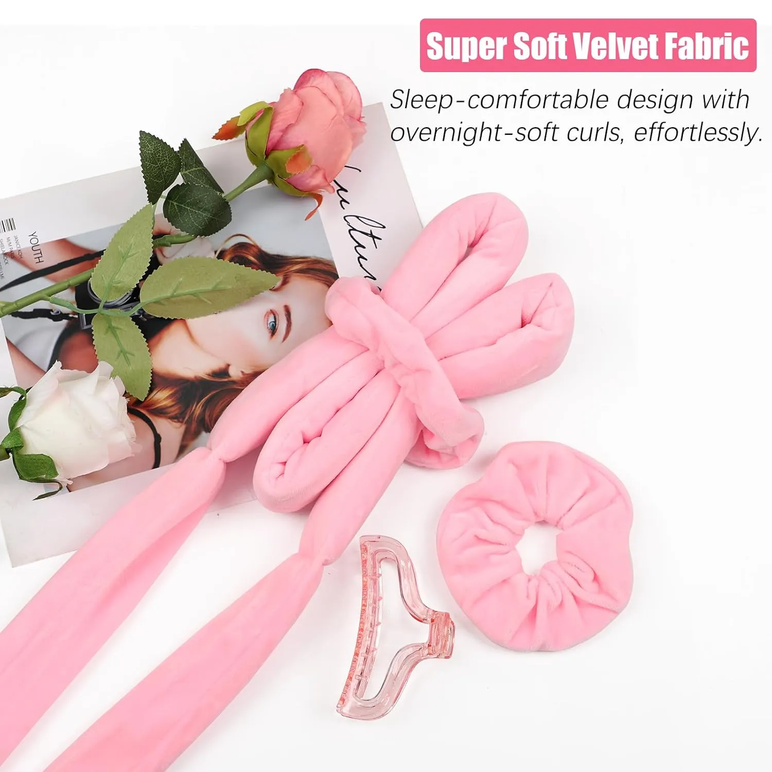 Heatless Velvet Hair Curlers for Long Hair – No Heat Overnight Curling Rod Headband to Sleep In for Heatless Curls with Scrunchies & Clip, Wake Up to Soft Beach Waves (Pink, Pack of 1)
