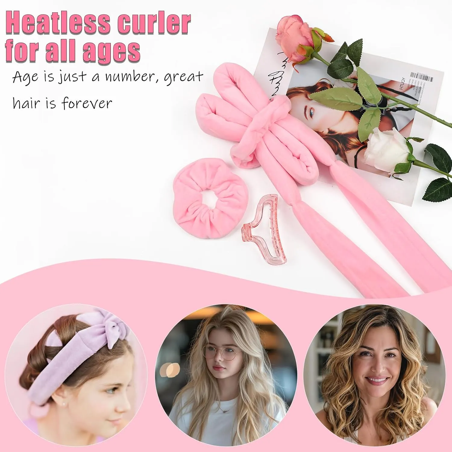 Heatless Velvet Hair Curlers for Long Hair – No Heat Overnight Curling Rod Headband to Sleep In for Heatless Curls with Scrunchies & Clip, Wake Up to Soft Beach Waves (Pink, Pack of 1)