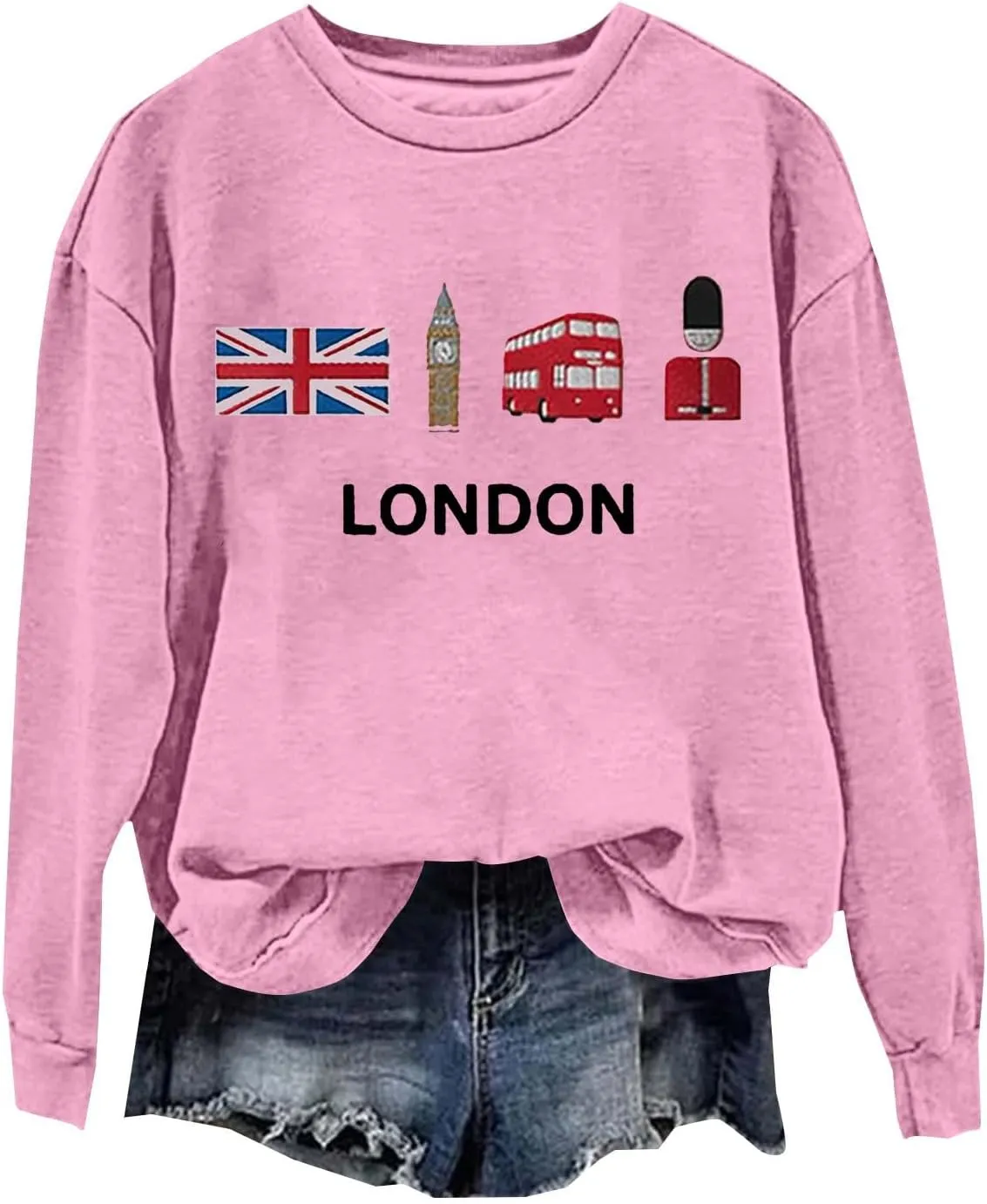 Heevina London Uk Big Ben British Flag Soldier Public Bus Sweatshirt For Women Crewneck Pullover Tops