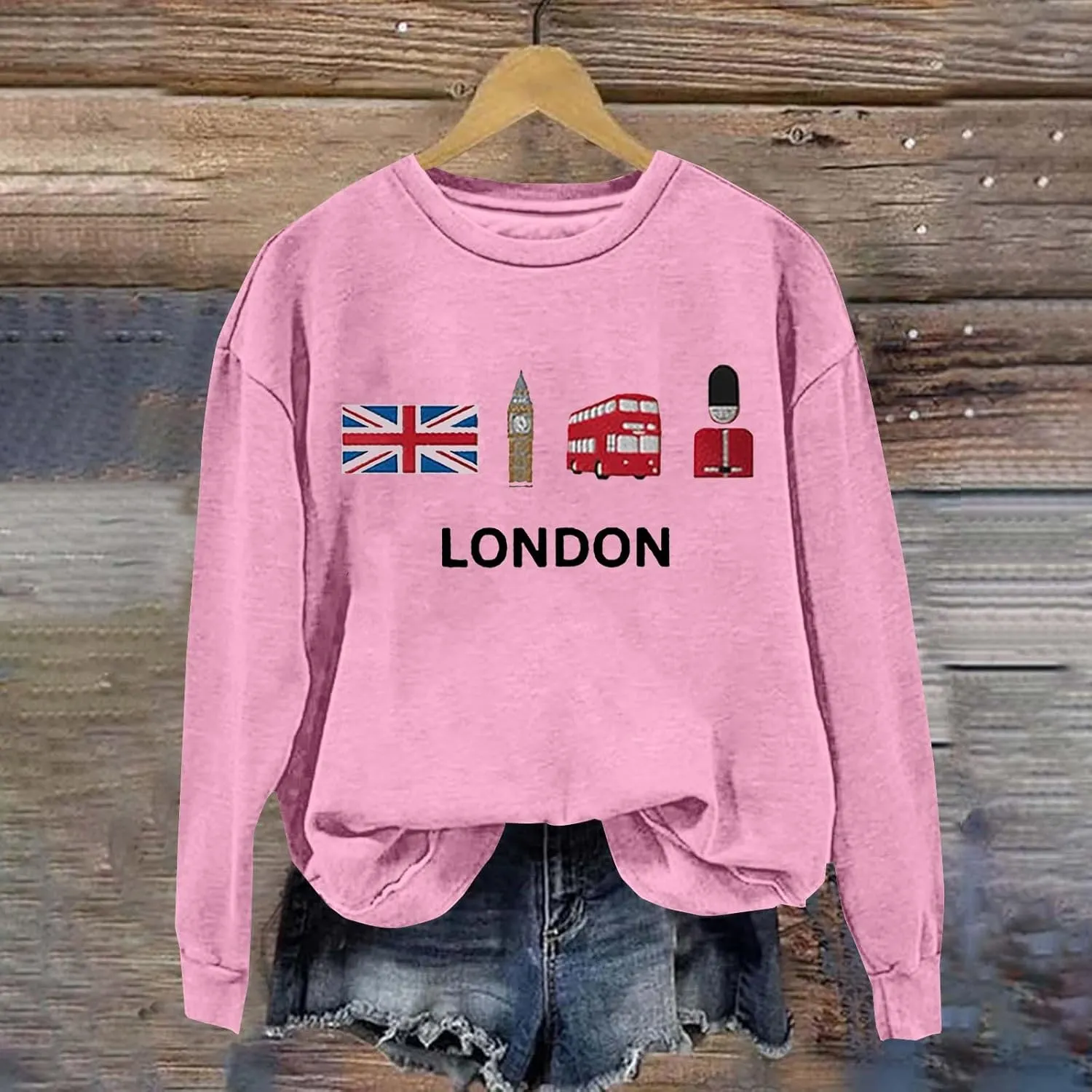 Heevina London Uk Big Ben British Flag Soldier Public Bus Sweatshirt For Women Crewneck Pullover Tops