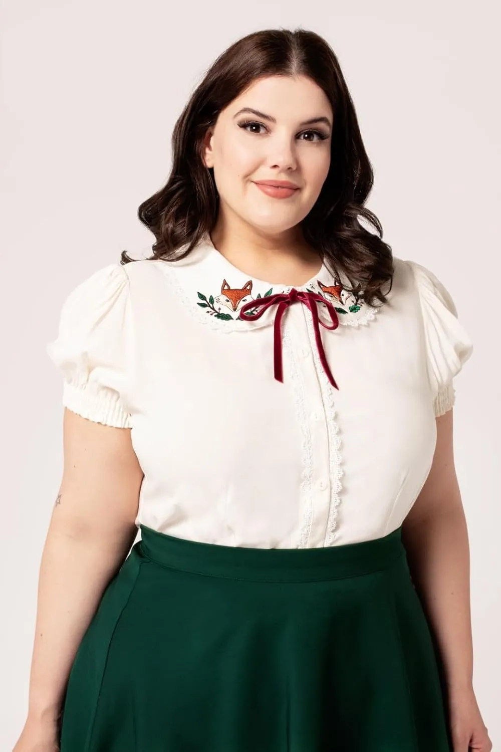 Hell Bunny Basil Blouse Fox Embroidery 50's Vintage Retro Pinup Short Sleeve Top