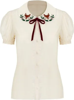 Hell Bunny Basil Blouse Fox Embroidery 50's Vintage Retro Pinup Short Sleeve Top