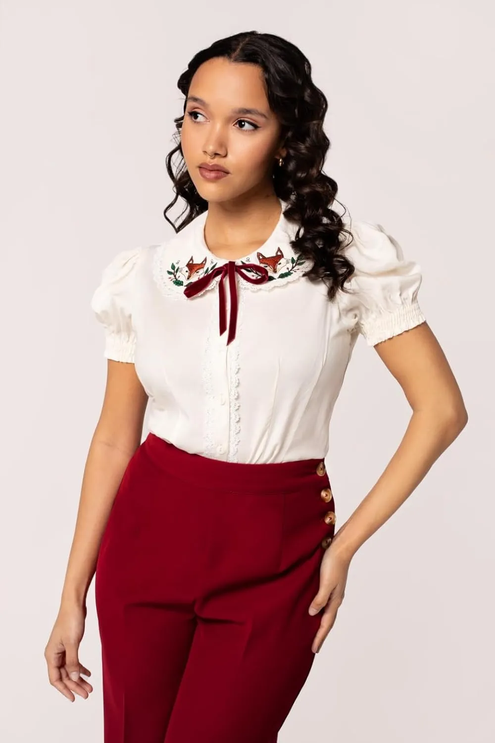 Hell Bunny Basil Blouse Fox Embroidery 50's Vintage Retro Pinup Short Sleeve Top