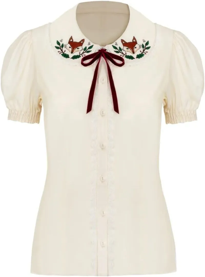 Hell Bunny Basil Blouse Fox Embroidery 50's Vintage Retro Pinup Short Sleeve Top