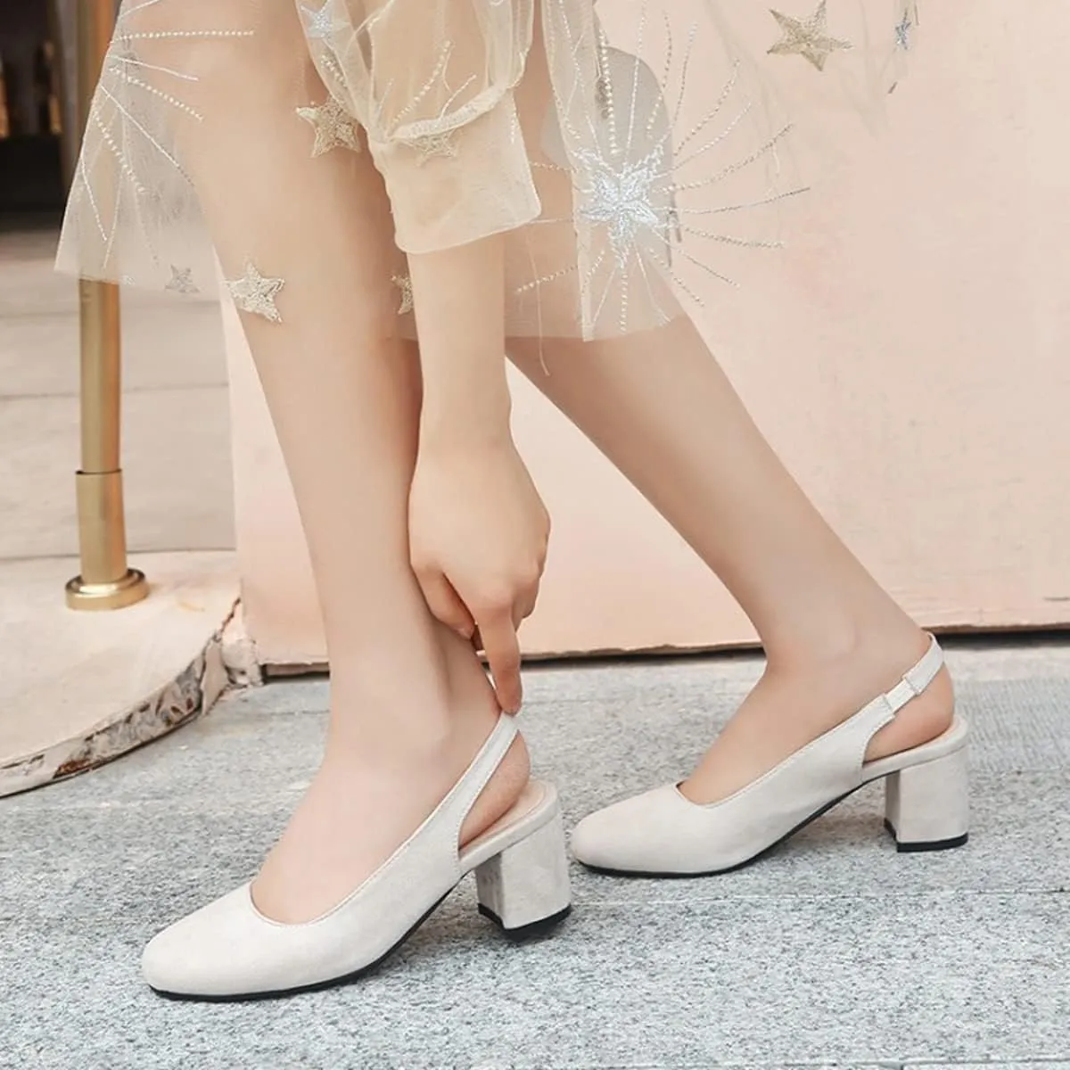 Hello Shero Comfortable Block Heel Slingback Pumps for Women Low Heel Closed Square Toe Sandals Suede Dress Shoes Classic Trendy Party Event Prom Church Daily Wear