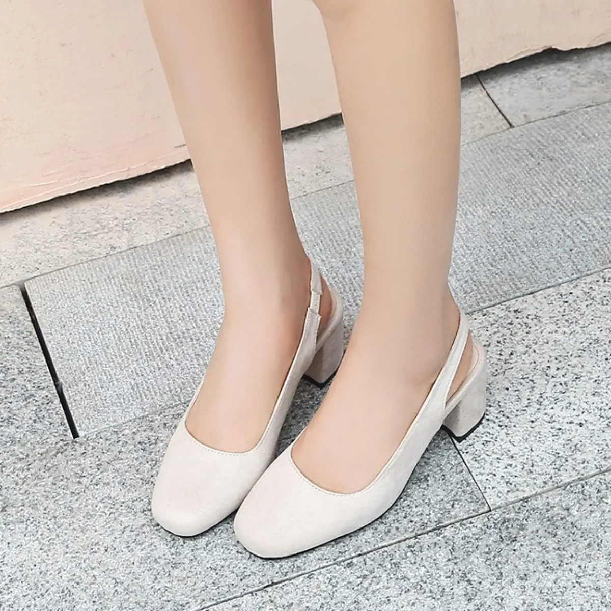 Hello Shero Comfortable Block Heel Slingback Pumps for Women Low Heel Closed Square Toe Sandals Suede Dress Shoes Classic Trendy Party Event Prom Church Daily Wear