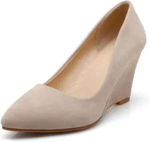 Hello Shero Heeled Wedges for Women Almond Round Toe High Heel Pumps Classic Slip-on Suede Leather Dress Shoes