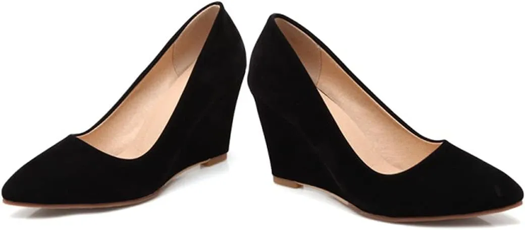 Hello Shero Heeled Wedges for Women Almond Round Toe High Heel Pumps Classic Slip-on Suede Leather Dress Shoes
