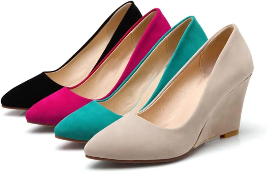 Hello Shero Heeled Wedges for Women Almond Round Toe High Heel Pumps Classic Slip-on Suede Leather Dress Shoes