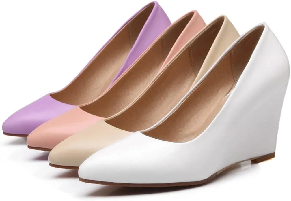Hello Shero Heeled Wedges for Women Almond Round Toe High Heel Pumps Classic Slip-on Suede Leather Dress Shoes