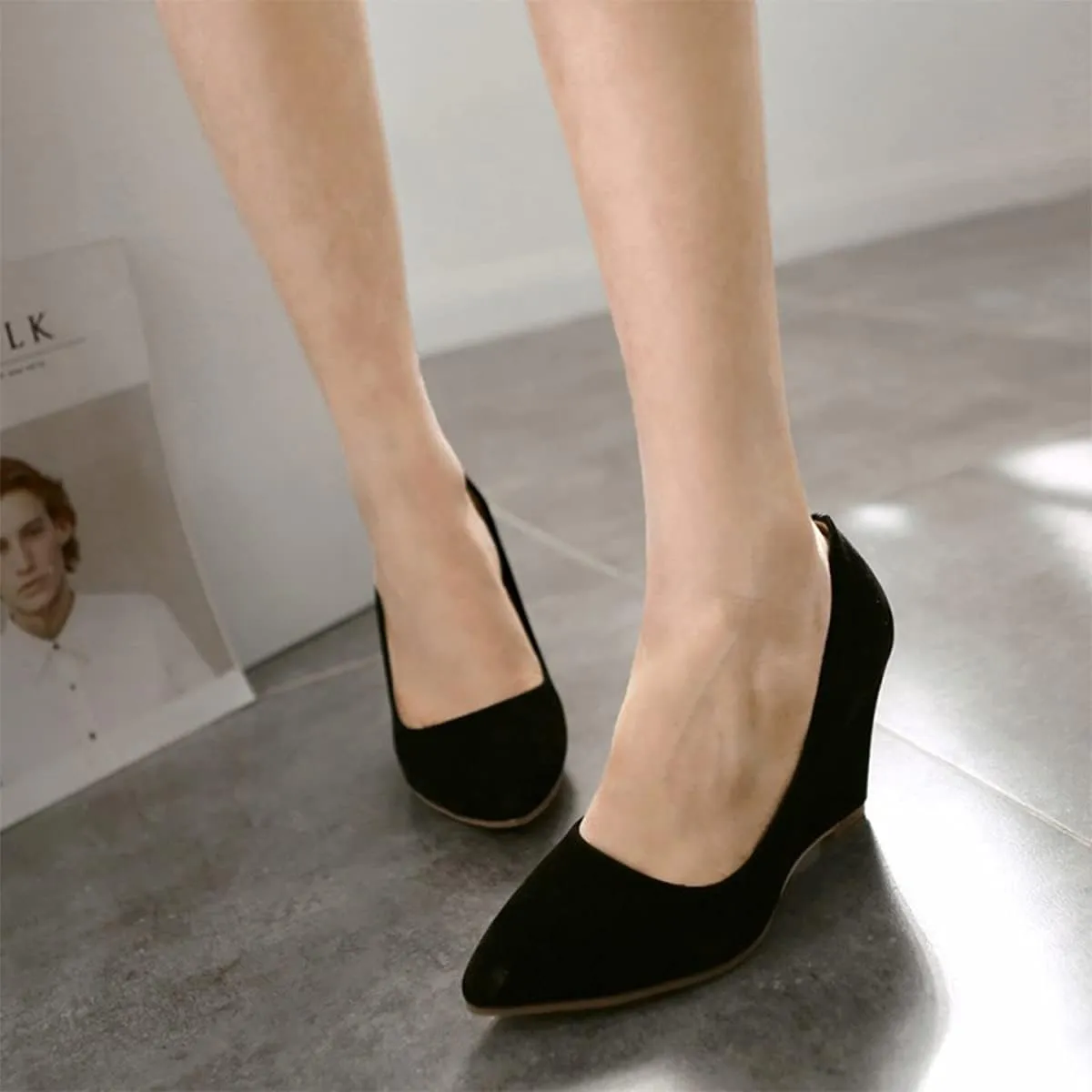 Hello Shero Heeled Wedges for Women Almond Round Toe High Heel Pumps Classic Slip-on Suede Leather Dress Shoes
