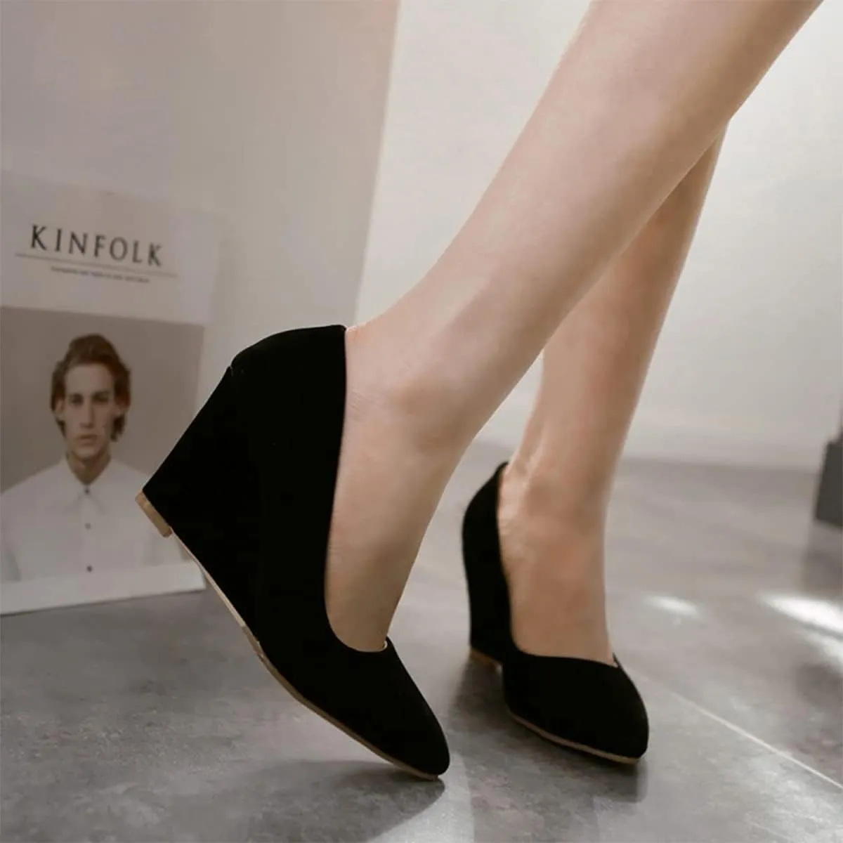 Hello Shero Heeled Wedges for Women Almond Round Toe High Heel Pumps Classic Slip-on Suede Leather Dress Shoes