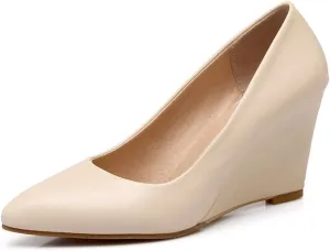 Hello Shero Heeled Wedges for Women Almond Round Toe High Heel Pumps Classic Slip-on Suede Leather Dress Shoes