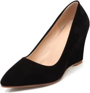 Hello Shero Heeled Wedges for Women Almond Round Toe High Heel Pumps Classic Slip-on Suede Leather Dress Shoes