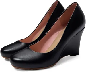 Hello Shero Heeled Wedges for Women Almond Round Toe High Heel Pumps Classic Slip-on Suede Leather Dress Shoes