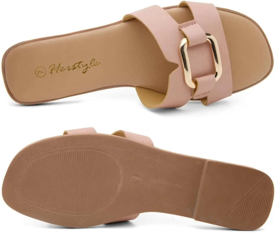 Herstyle Women’s Flat Sandals 2025 – Square Open Toe Fashion Casual Slides with Metal Chain, Memory Foam Footbed Insole, Slip-On Dressy Sandals for Summer