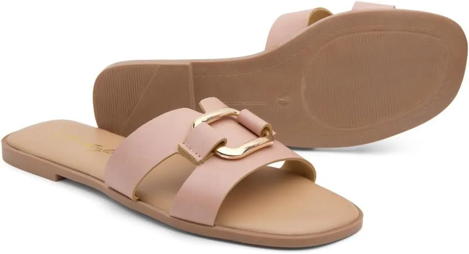 Herstyle Women’s Flat Sandals 2025 – Square Open Toe Fashion Casual Slides with Metal Chain, Memory Foam Footbed Insole, Slip-On Dressy Sandals for Summer