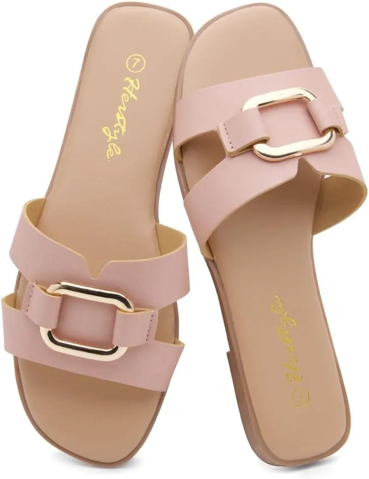 Herstyle Women’s Flat Sandals 2025 – Square Open Toe Fashion Casual Slides with Metal Chain, Memory Foam Footbed Insole, Slip-On Dressy Sandals for Summer