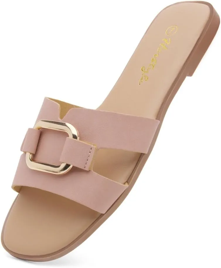 Herstyle Women’s Flat Sandals 2025 – Square Open Toe Fashion Casual Slides with Metal Chain, Memory Foam Footbed Insole, Slip-On Dressy Sandals for Summer