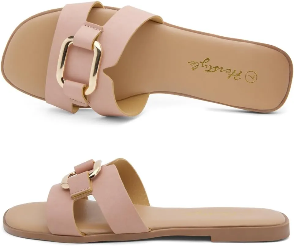 Herstyle Women’s Flat Sandals 2025 – Square Open Toe Fashion Casual Slides with Metal Chain, Memory Foam Footbed Insole, Slip-On Dressy Sandals for Summer