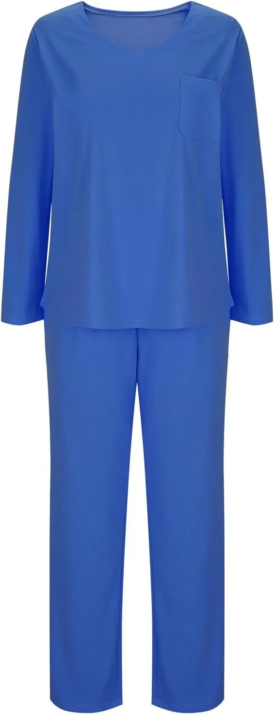 HGps8w Scrubs for Women Sets Nurse Uniform Jogger Suit Stretch Long Sleeve V Neck Top & Pants with Pockets Nurse Workwear