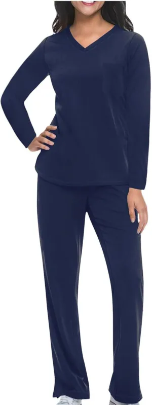 HGps8w Scrubs for Women Sets Nurse Uniform Jogger Suit Stretch Long Sleeve V Neck Top & Pants with Pockets Nurse Workwear