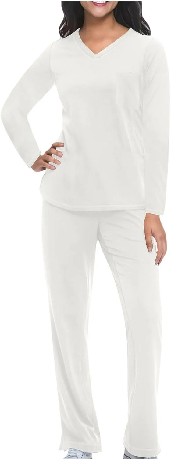HGps8w Scrubs for Women Sets Nurse Uniform Jogger Suit Stretch Long Sleeve V Neck Top & Pants with Pockets Nurse Workwear