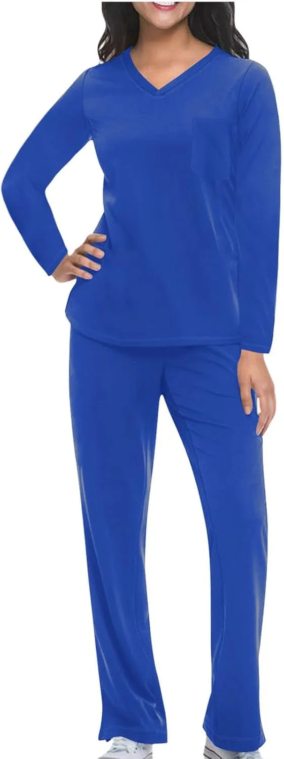 HGps8w Scrubs for Women Sets Nurse Uniform Jogger Suit Stretch Long Sleeve V Neck Top & Pants with Pockets Nurse Workwear