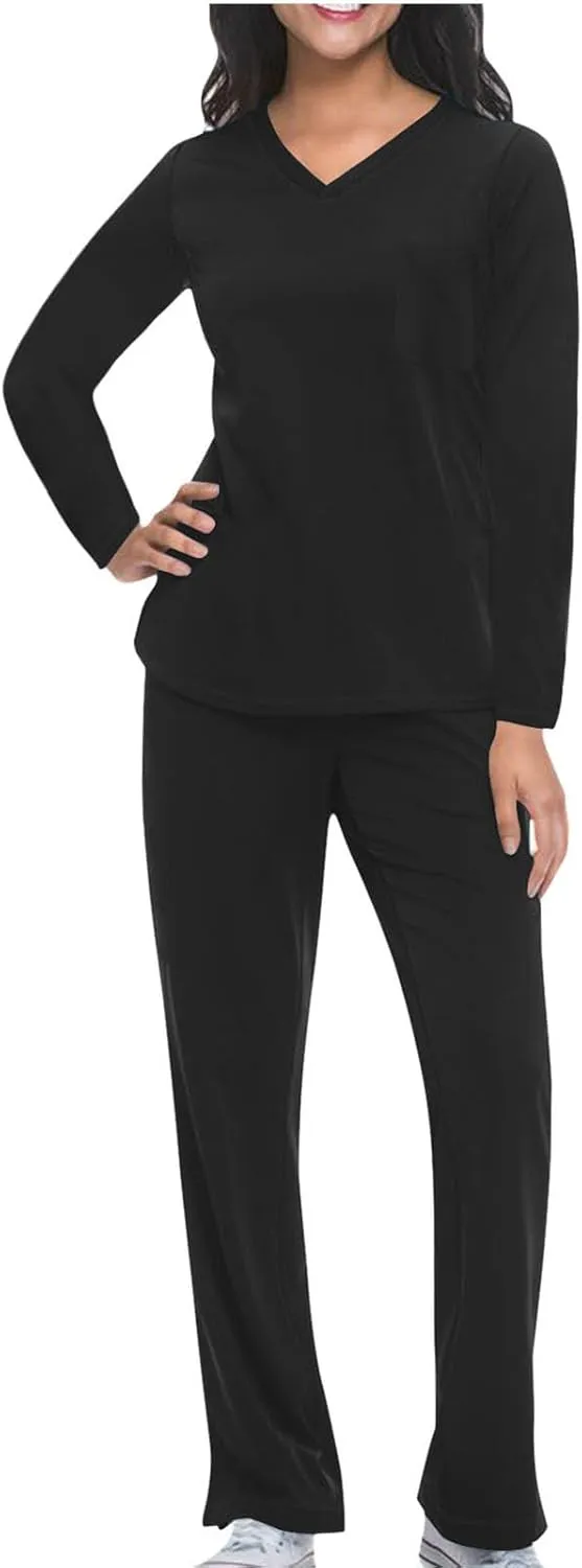 HGps8w Scrubs for Women Sets Nurse Uniform Jogger Suit Stretch Long Sleeve V Neck Top & Pants with Pockets Nurse Workwear