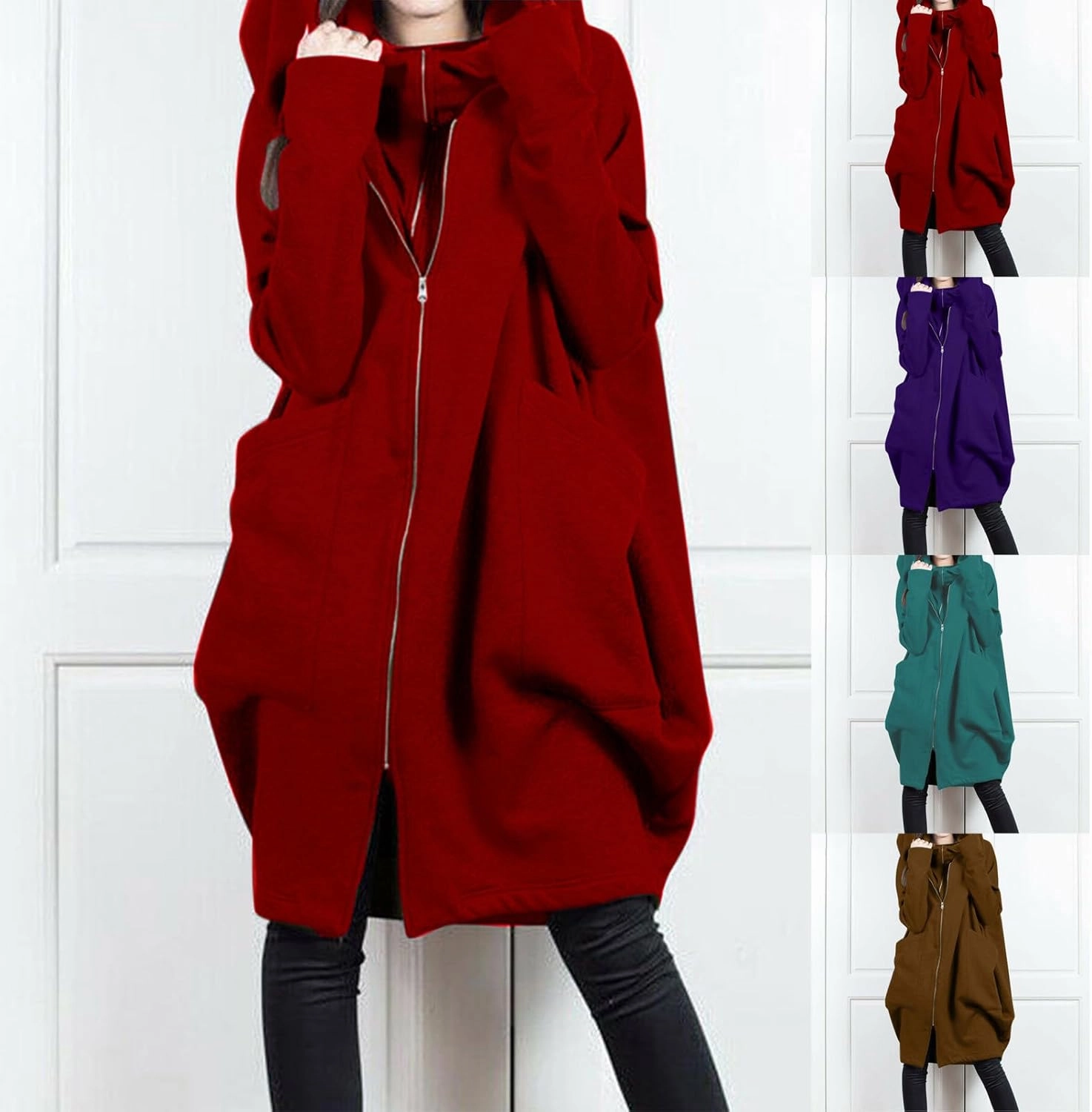 HGps8w Women's Double-Layered Zip Up Hoodies Casual Solid Baggy Tunic Sweatshirt Long Hooded Jacket Loose Outerwear