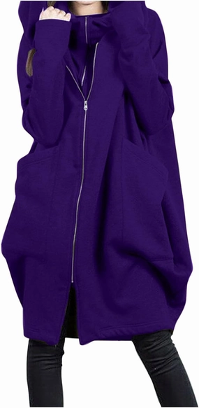 HGps8w Women's Double-Layered Zip Up Hoodies Casual Solid Baggy Tunic Sweatshirt Long Hooded Jacket Loose Outerwear