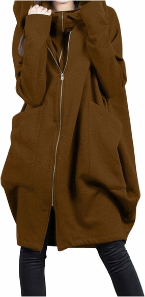 HGps8w Women's Double-Layered Zip Up Hoodies Casual Solid Baggy Tunic Sweatshirt Long Hooded Jacket Loose Outerwear