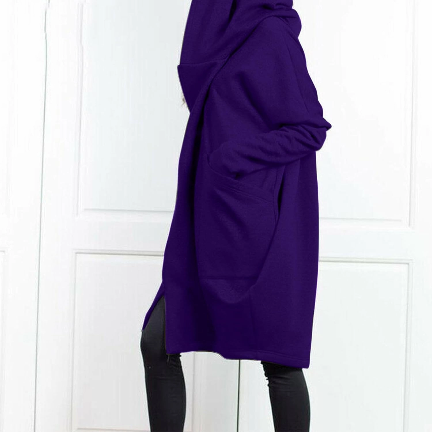 HGps8w Women's Double-Layered Zip Up Hoodies Casual Solid Baggy Tunic Sweatshirt Long Hooded Jacket Loose Outerwear