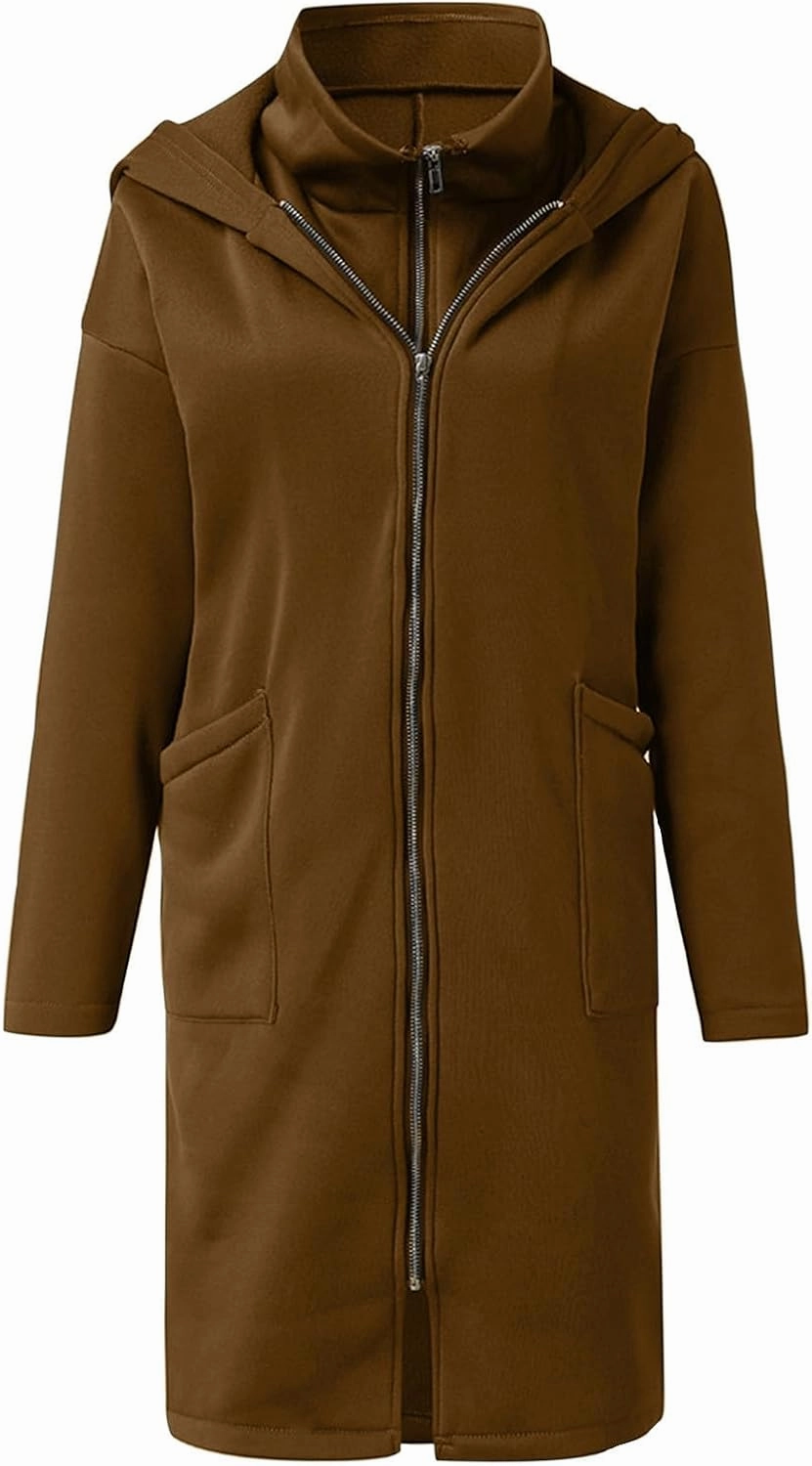 HGps8w Women's Double-Layered Zip Up Hoodies Casual Solid Baggy Tunic Sweatshirt Long Hooded Jacket Loose Outerwear