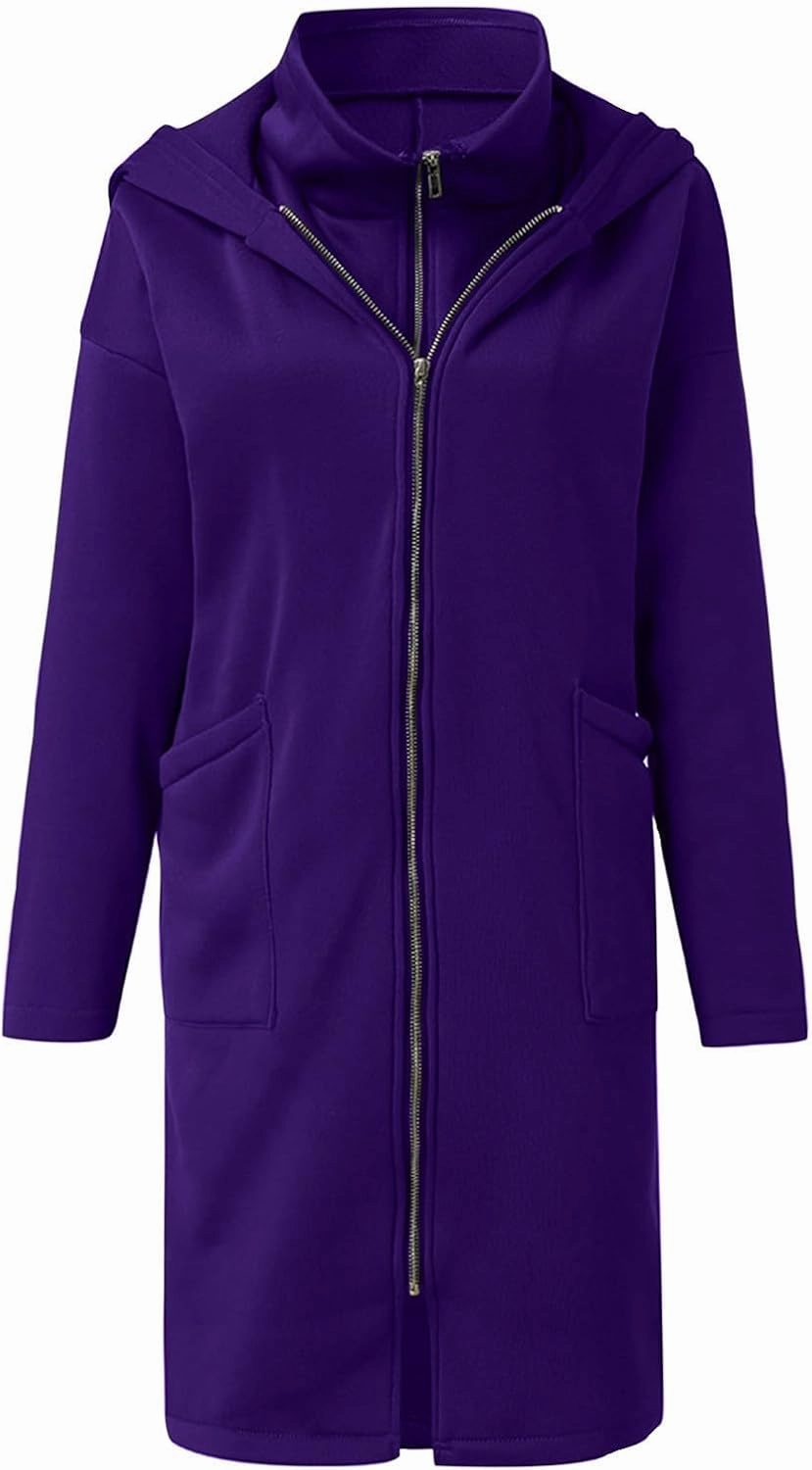 HGps8w Women's Double-Layered Zip Up Hoodies Casual Solid Baggy Tunic Sweatshirt Long Hooded Jacket Loose Outerwear