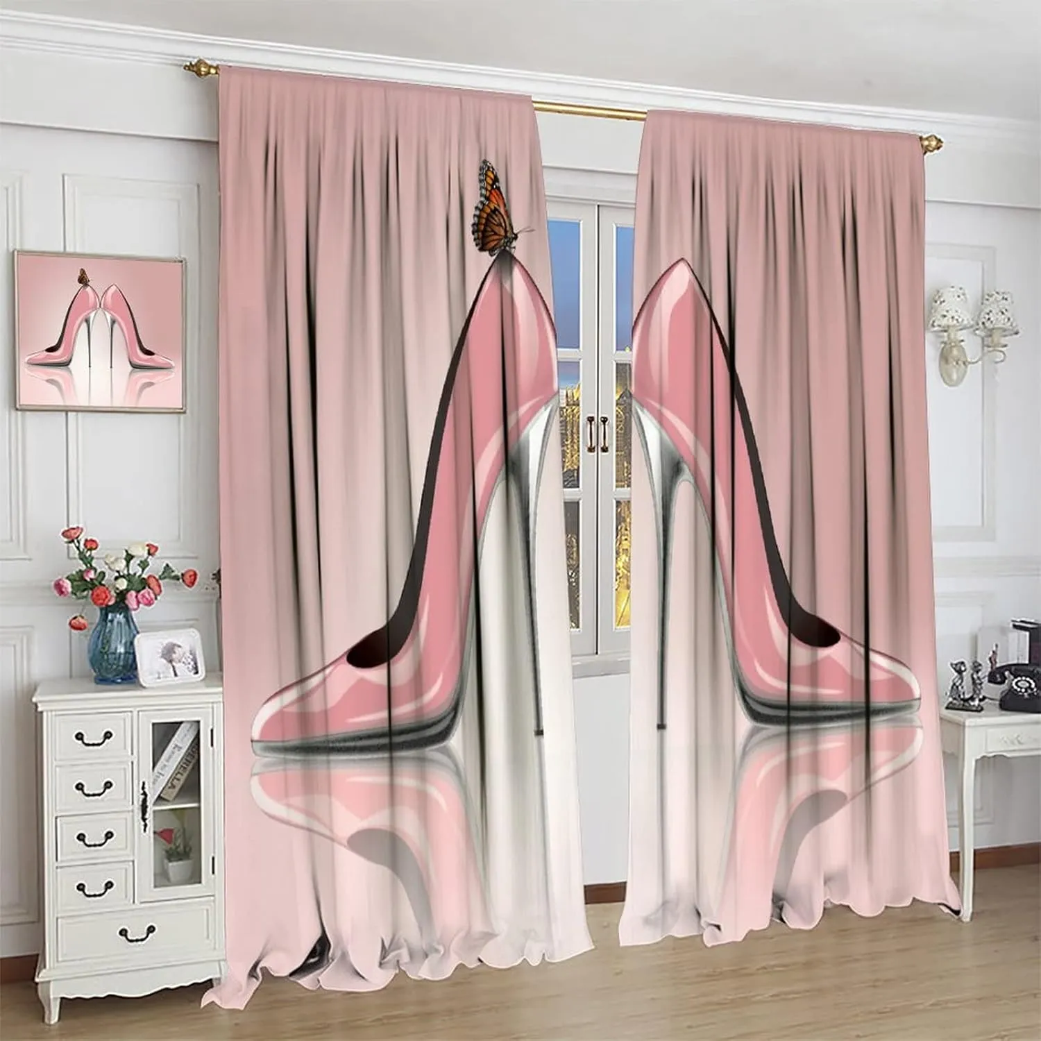 High Heel Shoes Curtains, Elegant Pink with Butterfly Fashion Sexy Girl Fantasy Beautiful Lady Decor Blackout Rod Pocket Curtains for Bedroom Living Room Window Drapes 2 Panel Set 84x84in