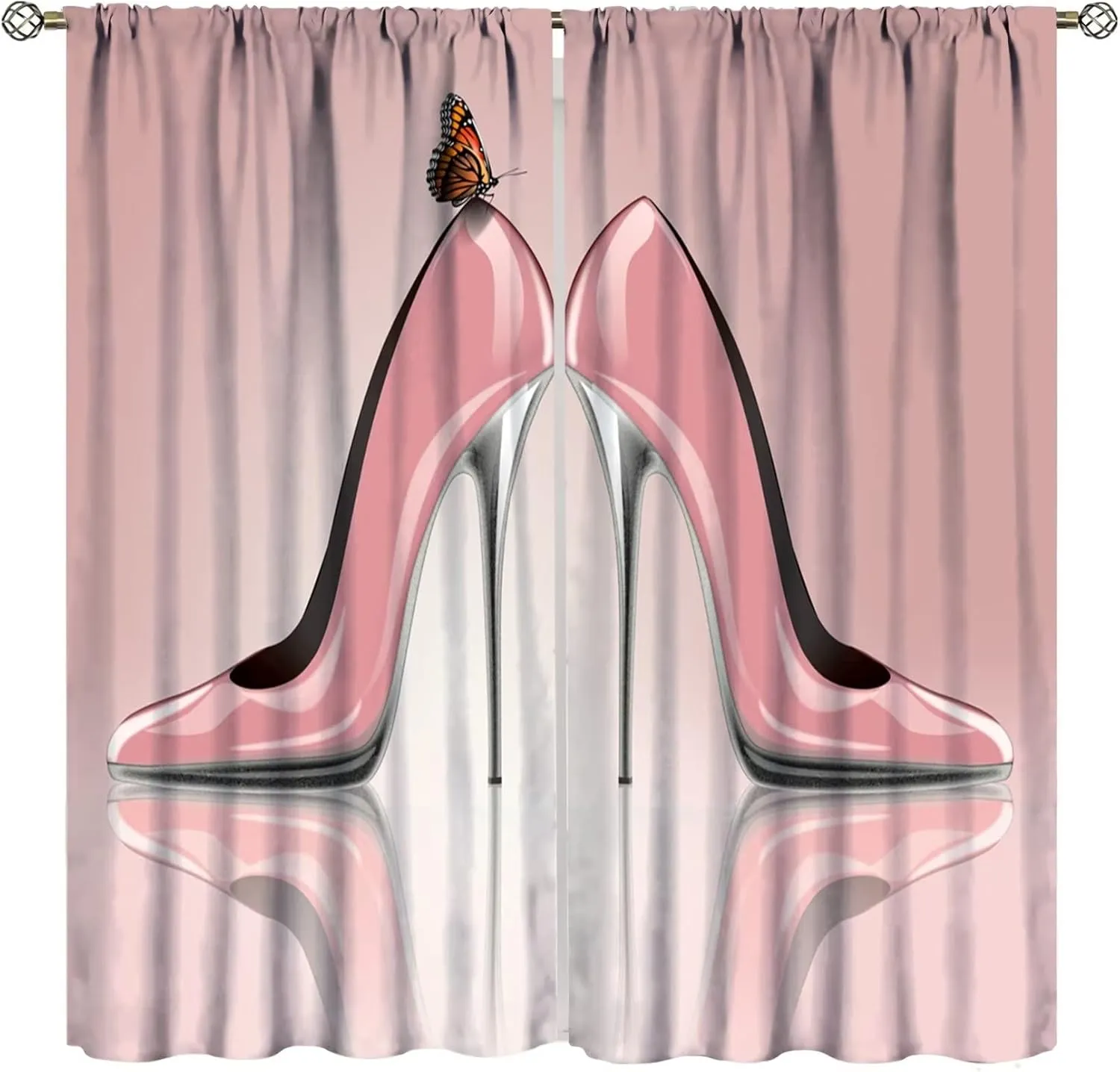 High Heel Shoes Curtains, Elegant Pink with Butterfly Fashion Sexy Girl Fantasy Beautiful Lady Decor Blackout Rod Pocket Curtains for Bedroom Living Room Window Drapes 2 Panel Set 84x84in