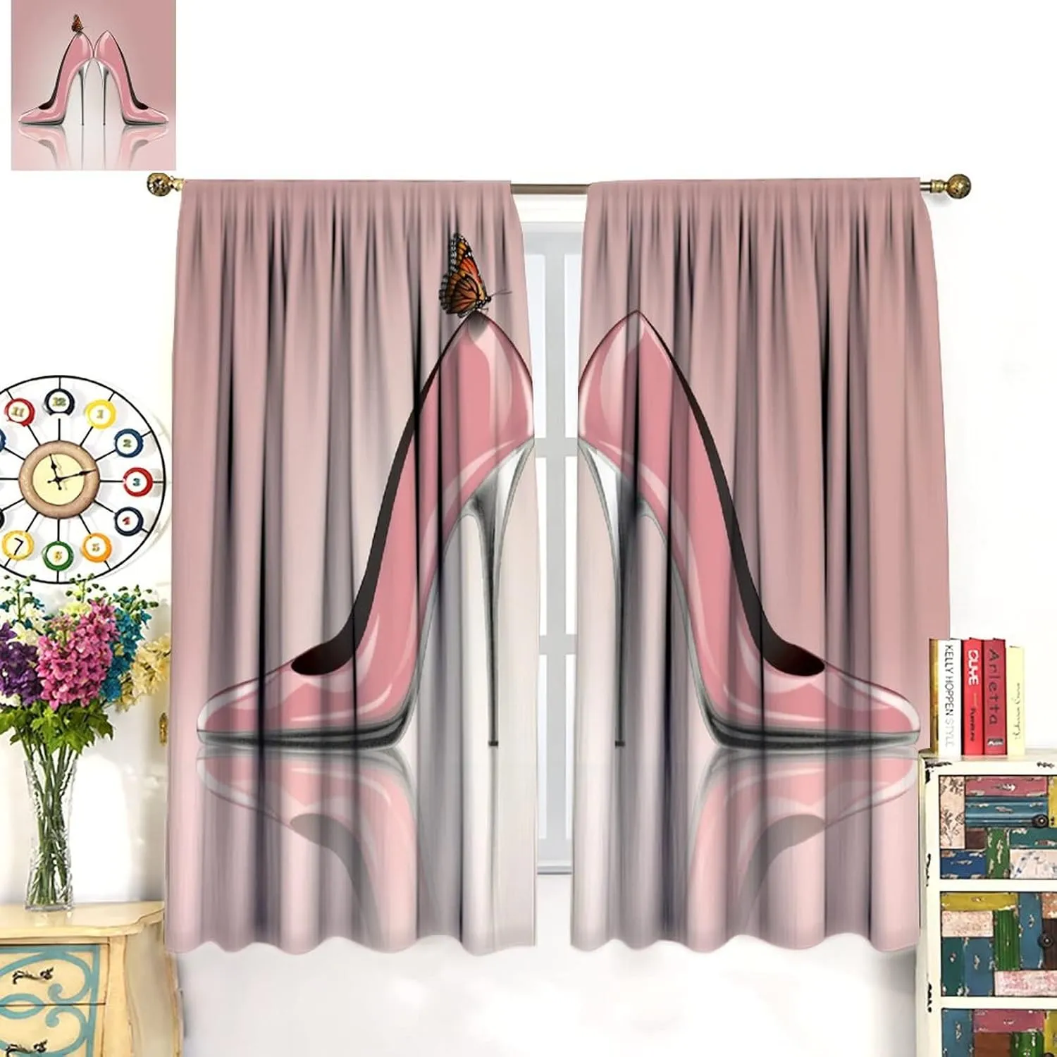 High Heel Shoes Curtains, Elegant Pink with Butterfly Fashion Sexy Girl Fantasy Beautiful Lady Decor Blackout Rod Pocket Curtains for Bedroom Living Room Window Drapes 2 Panel Set 84x84in