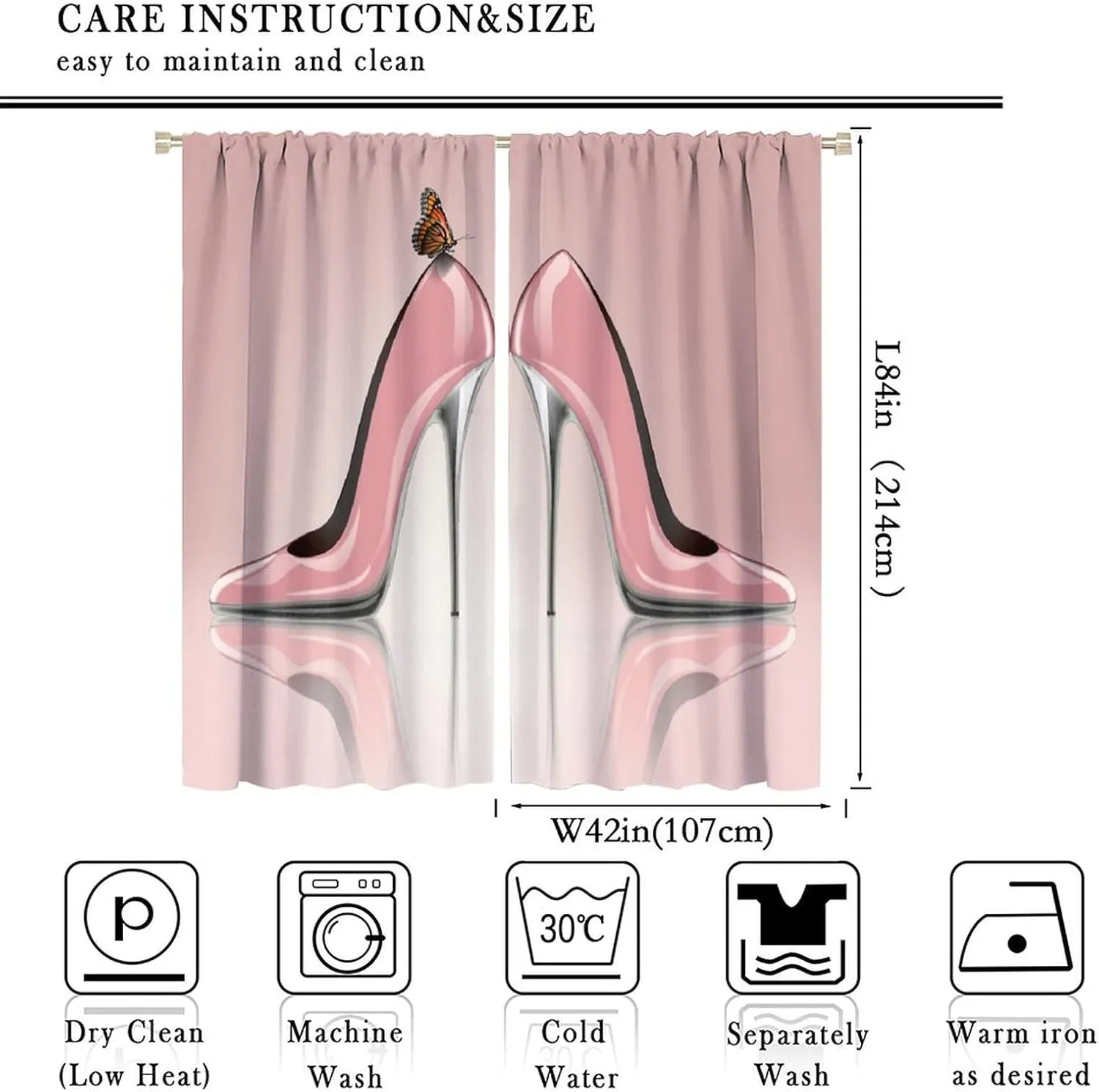 High Heel Shoes Curtains, Elegant Pink with Butterfly Fashion Sexy Girl Fantasy Beautiful Lady Decor Blackout Rod Pocket Curtains for Bedroom Living Room Window Drapes 2 Panel Set 84x84in